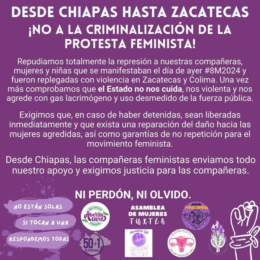 9-03-24 Pronunciamiento desde Chiapas hasta Zacatecas contra la criminalización de la protesta feminista